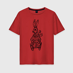 Футболка оверсайз женская Кролик на санках, цвет: красный