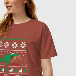 Футболка оверсайз женская Новогодний тирекс - ugly sweater, цвет: кирпичный — фото 2