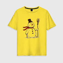 Женская футболка оверсайз Новогодний снеговик с метлой