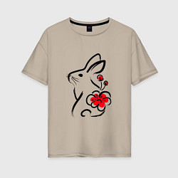 Женская футболка оверсайз Силуэт кролика с японским цветком