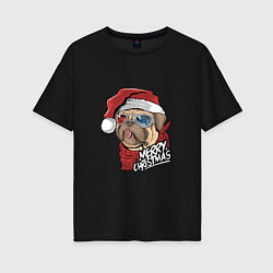 Женская футболка оверсайз Pug merry christmas