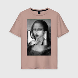 Женская футболка оверсайз Мона Лиза с чупа чупсом - чёрно белая