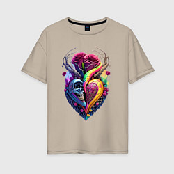 Женская футболка оверсайз Сердце, череп и розы