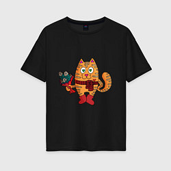 Женская футболка оверсайз Влюбленный рыжий кот с рыбным букетом