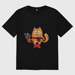 Футболка оверсайз женская Влюбленный рыжий кот с рыбным букетом, цвет: черный