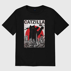 Футболка оверсайз женская Catzilla in Tokyo мем, цвет: черный