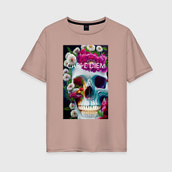 Женская футболка оверсайз Череп с цветами и радугой