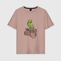 Женская футболка оверсайз Зеленый попугай на сундуке с сокровищами