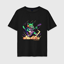 Футболка оверсайз женская Пиксельный кот гитарист, цвет: черный