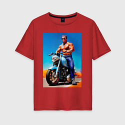 Футболка оверсайз женская Arnold Schwarzenegger on a motorcycle -neural netw, цвет: красный