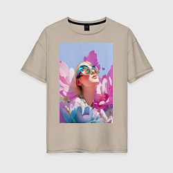 Женская футболка оверсайз Весенняя девушка в цветах