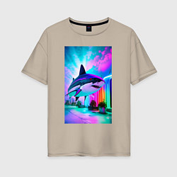 Женская футболка оверсайз Неоновая акула - нейросеть
