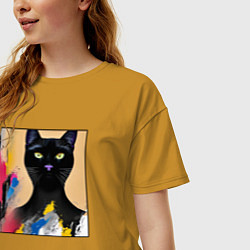 Футболка оверсайз женская Черный кот из нейросети, цвет: горчичный — фото 2