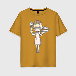 Женская футболка оверсайз Врач-стоматолог держит щётку и челюсть