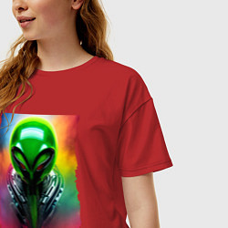 Футболка оверсайз женская Alien - neural network - art - neon glow, цвет: красный — фото 2
