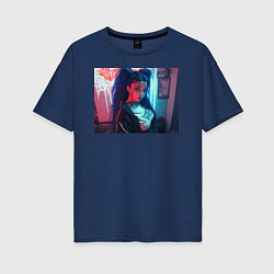 Женская футболка оверсайз Девушка с синими волосами: неоновый киберпанк