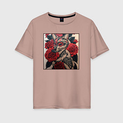 Женская футболка оверсайз Irezumi - лиса в розах