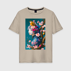 Женская футболка оверсайз Девушка с птицей на фоне цветущей сакуры