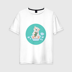 Женская футболка оверсайз Полярный медвежонок с рыбой на льдине