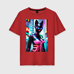 Женская футболка оверсайз Девушка-кошка - киберпанк - нейросеть