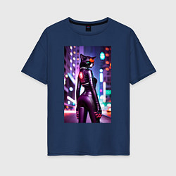 Женская футболка оверсайз Девушка-кошка в ночном городе - киберпанк