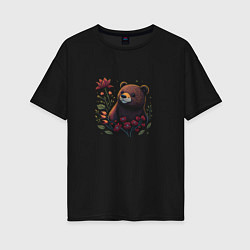 Женская футболка оверсайз Медведь и цветы