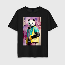Женская футболка оверсайз Панда в модной куртке - акварель