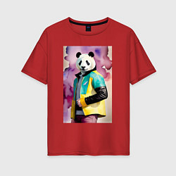 Женская футболка оверсайз Панда в модной куртке - акварель