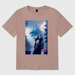 Футболка оверсайз женская Акула - киберпанк - нейросеть, цвет: пыльно-розовый