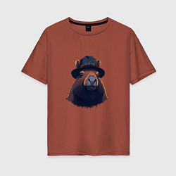 Женская футболка оверсайз Портрет капибары в шляпе