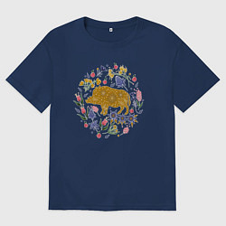 Футболка оверсайз женская Кабан травы цветы, цвет: тёмно-синий