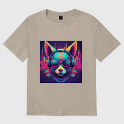 Женская футболка оверсайз Лис в очках на фоне неонового кибер-города