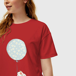 Футболка оверсайз женская Милый кролик с шариком в цветочек, цвет: красный — фото 2