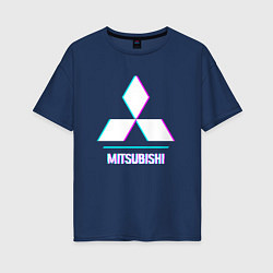 Футболка оверсайз женская Значок Mitsubishi в стиле glitch, цвет: тёмно-синий