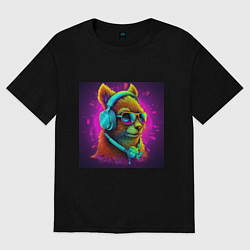 Футболка оверсайз женская Пушистая белка в очках и киберпанк-гарнитуре, цвет: черный