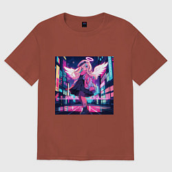 Женская футболка оверсайз Милая аниме девочка-ангел на фоне неонового города