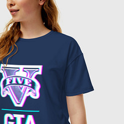 Футболка оверсайз женская GTA в стиле glitch и баги графики, цвет: тёмно-синий — фото 2