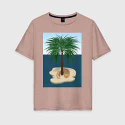 Женская футболка оверсайз Кот под пальмой на острове
