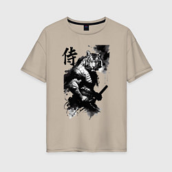 Футболка оверсайз женская Tiger samurai - hieroglyph - art, цвет: миндальный