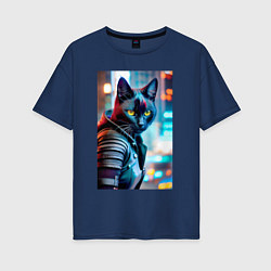 Футболка оверсайз женская Модный котик на фоне городских огней, цвет: тёмно-синий