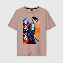 Женская футболка оверсайз Онна-бугэйся - девушка-самурай - акварель