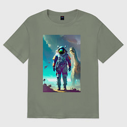 Футболка оверсайз женская Космонавт на планете динозавров - нейросеть, цвет: авокадо