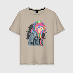 Женская футболка оверсайз Девушка рокерша с разноцветными волосами