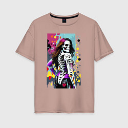 Женская футболка оверсайз Кибер скелет девушки - нейросеть