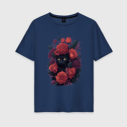 Футболка оверсайз женская Черный кот в цветах, цвет: тёмно-синий