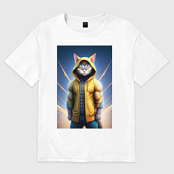 Футболка оверсайз женская Супер кот в капюшоне, цвет: белый