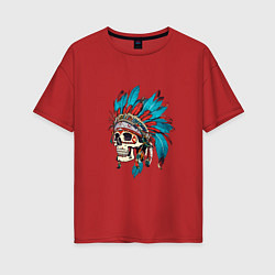 Женская футболка оверсайз Череп Индейца с перьями