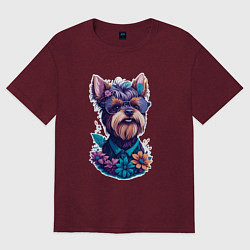 Футболка оверсайз женская Йоркширский терьер в очках и цветах, цвет: меланж-бордовый