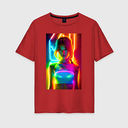 Женская футболка оверсайз Japanese girl - neon glow - neural network