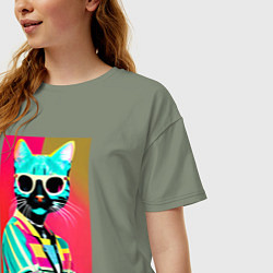 Футболка оверсайз женская Cat in sunglasses - pop art, цвет: авокадо — фото 2